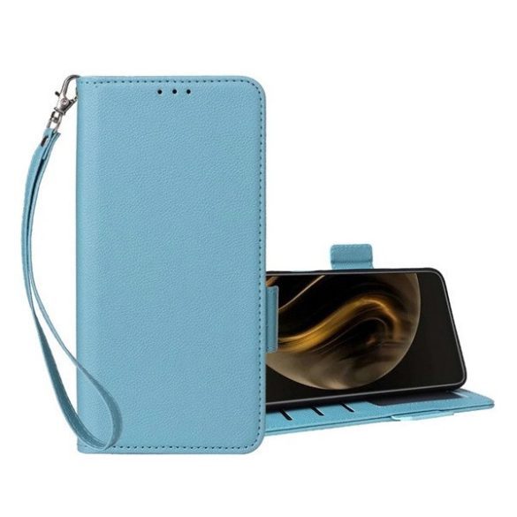 Huawei Nova 12i, Oldalra nyíló tok, stand, kártyatartóval, kézpánttal, bőrhatású, prémium, világoskék