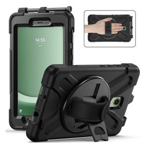 Samsung Galaxy Tab Active 5 (8.0) SM-X306B, Műanyag hátlap védőtok, szilikon belső, kitámasztóval, kézpánt, Defender, fekete