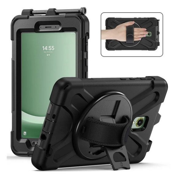 Samsung Galaxy Tab Active 5 (8.0) SM-X306B, Műanyag hátlap védőtok, szilikon belső, kitámasztóval, kézpánt, Defender, fekete