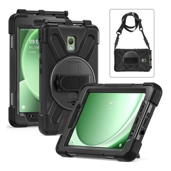 Samsung Galaxy Tab Active 5 (8.0) SM-X306B, Műanyag hátlap védőtok, szilikon belső, kitámasztóval, kézpánt, vállpánt, Defender, fekete
