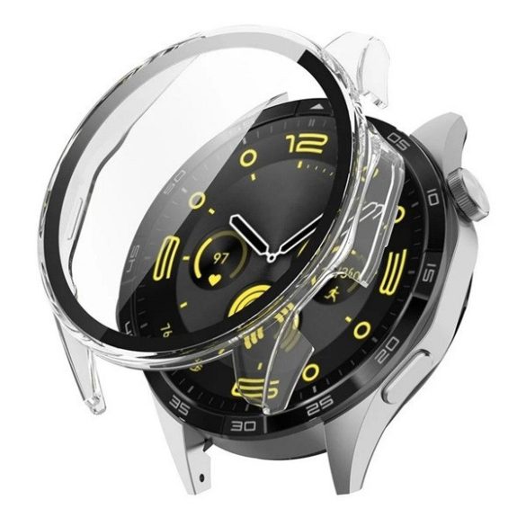 Huawei Watch GT4 (46 mm), Műanyag védőkeret, kijelzővédő üveggel, közepesen ütésálló, szíj nélkül, átlátszó