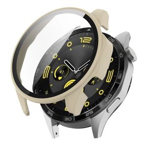Huawei Watch GT4 (46 mm), Műanyag védőkeret, kijelzővédő üveggel, közepesen ütésálló, szíj nélkül, krém