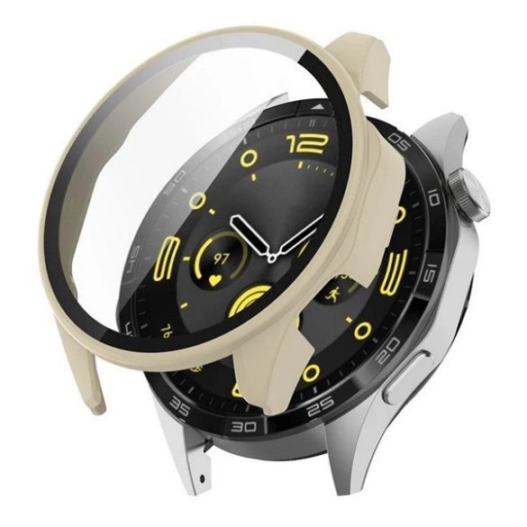 Huawei Watch GT4 (46 mm), Műanyag védőkeret, kijelzővédő üveggel, közepesen ütésálló, szíj nélkül, krém