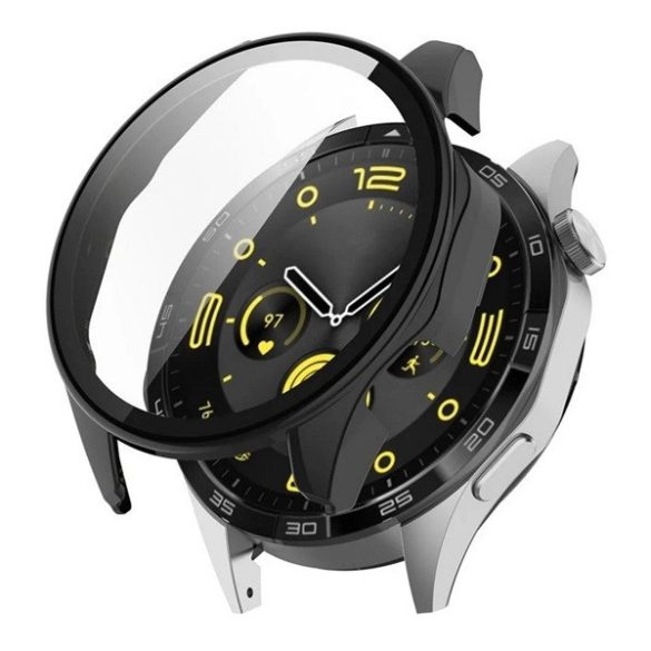 Huawei Watch GT4 (46 mm), Műanyag védőkeret, kijelzővédő üveggel, közepesen ütésálló, szíj nélkül, fekete