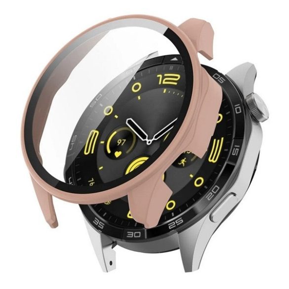 Huawei Watch GT4 (46 mm), Műanyag védőkeret, kijelzővédő üveggel, közepesen ütésálló, szíj nélkül, rózsaszín