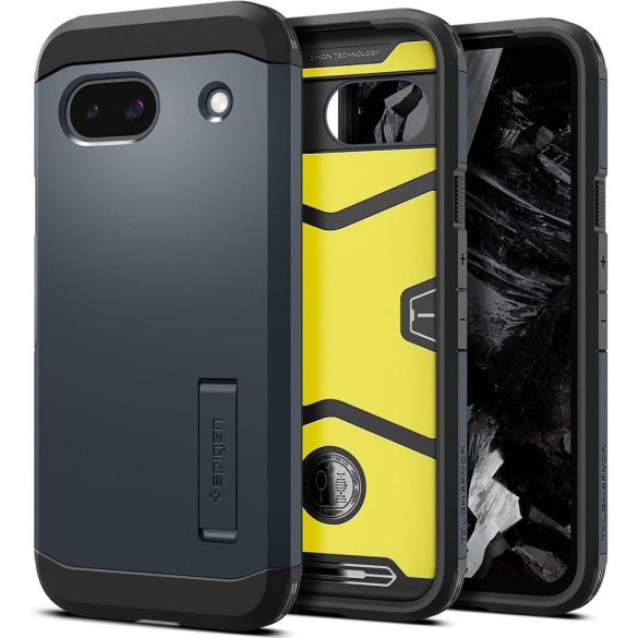 Google Pixel 8a, Szilikon tok + műanyag hátlap, kitámasztóval, Spigen Tough Armor, sötétkék