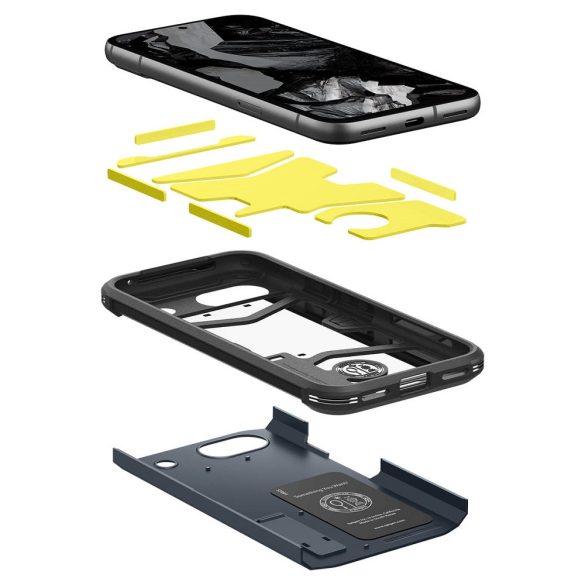 Google Pixel 8a, Szilikon tok + műanyag hátlap, kitámasztóval, Spigen Tough Armor, sötétkék