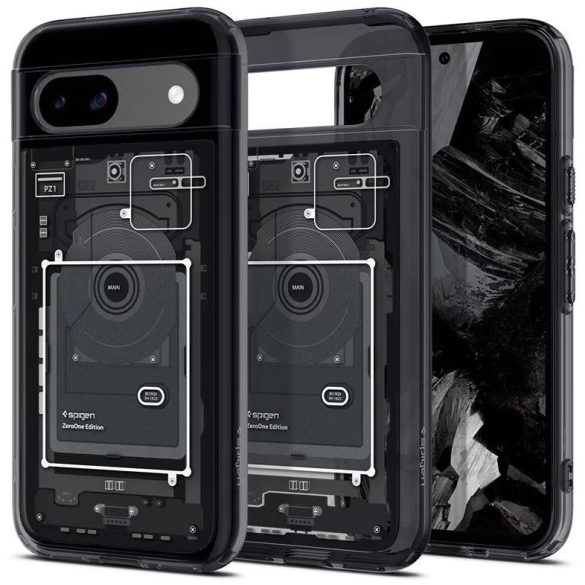 Google Pixel 8a, Műanyag hátlap védőtok + szilikon keret, Telefon belső minta, Spigen Ultra Hybrid Zero One, átlátszó/füst