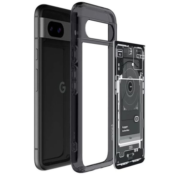 Google Pixel 8a, Műanyag hátlap védőtok + szilikon keret, Telefon belső minta, Spigen Ultra Hybrid Zero One, átlátszó/füst