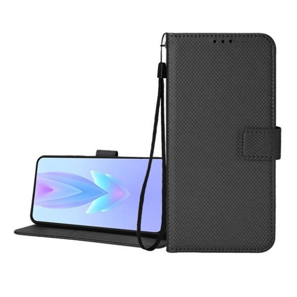 Xiaomi Redmi Turbo 3 / Poco F6, Oldalra nyíló tok, stand, rombusz minta, csatos, kézpánttal, fekete