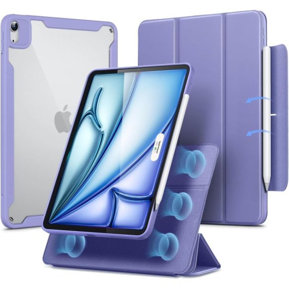 Apple iPad Air (2020 / 2022) / iPad Air 11 (2024), mappa tok, Smart Case, mágneses rögzítés, csatos záródás, átlátszó hátlap, ESR Rebound Hybrid 360, lila