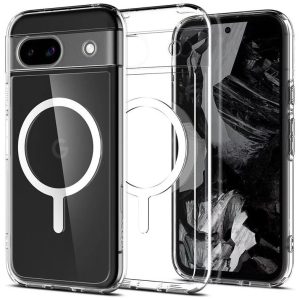 Google Pixel 8a, Műanyag hátlap védőtok + szilikon keret, Magsafe töltővel kompatibilis, Spigen Ultra Hybrid Mag Metal Ring, átlátszó/fehér