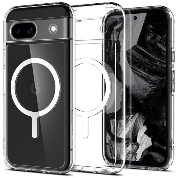 Google Pixel 8a, Műanyag hátlap védőtok + szilikon keret, Magsafe töltővel kompatibilis, Spigen Ultra Hybrid Mag Metal Ring, átlátszó/fehér