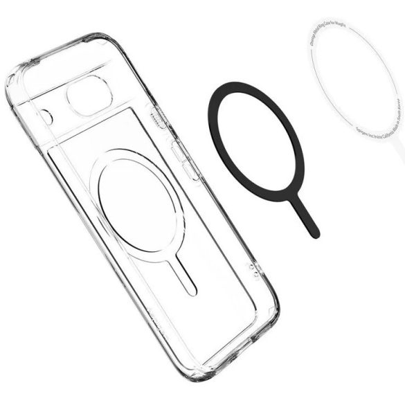 Google Pixel 8a, Műanyag hátlap védőtok + szilikon keret, Magsafe töltővel kompatibilis, Spigen Ultra Hybrid Mag Metal Ring, átlátszó/fehér