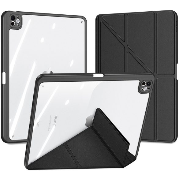 Apple iPad Pro 13 (2024), mappa tok, Apple Pencil tartóval, levehető előlap, Origami Smart Case, Dux Ducis Magi, átlátszó/fekete