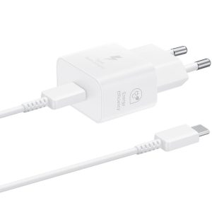Hálózati töltő adapter, 25W, USB Type-C aljzat, USB Type-C - USB Type-C kábellel, PD, PDO / PPS, GaN, gyorstöltés, Samsung, fehér, gyári