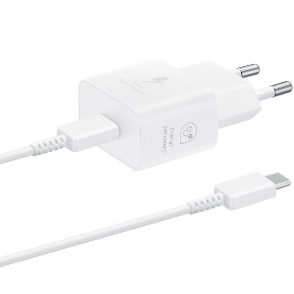 Hálózati töltő adapter, 25W, USB Type-C aljzat, USB Type-C - USB Type-C kábellel, PD, PDO / PPS, GaN, gyorstöltés, Samsung, fehér, gyári