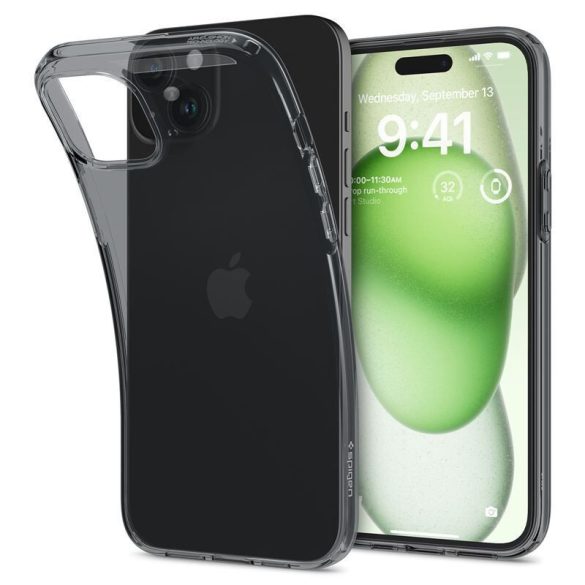 Apple iPhone 15 Plus, Szilikon tok, Spigen Crystal Flex, átlátszó/sötétszürke