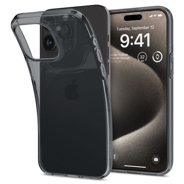 Apple iPhone 15 Pro Max, Szilikon tok, Spigen Crystal Flex, átlátszó/sötétszürke