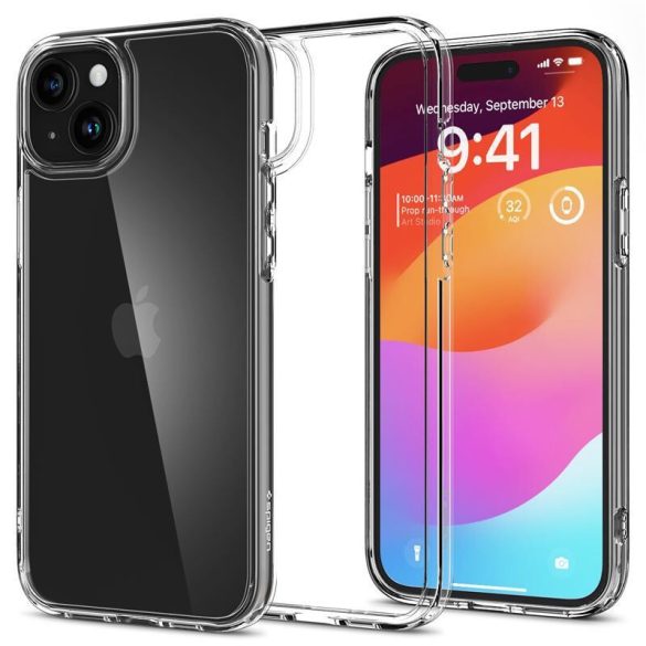 Apple iPhone 15 Plus, Szilikon tok + műanyag keret, közepesen ütésálló, Spigen Crystal Hybrid, átlátszó