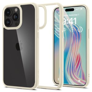 Apple iPhone 15 Pro Max, Szilikon tok + műanyag keret, közepesen ütésálló, Spigen Crystal Hybrid, átlátszó/homok-beige