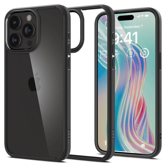 Apple iPhone 15 Pro, Szilikon tok + műanyag keret, közepesen ütésálló, Spigen Crystal Hybrid, átlátszó/fekete