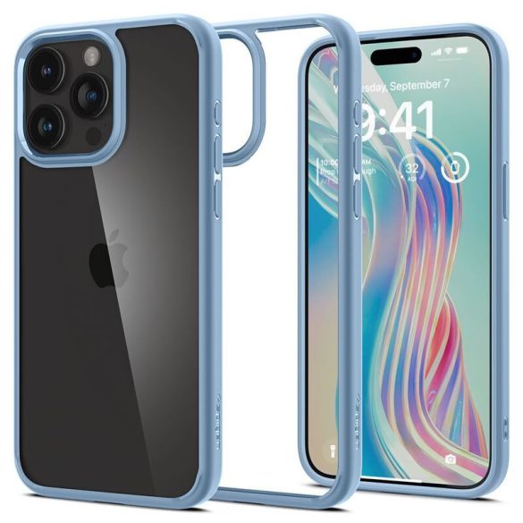 Apple iPhone 15 Pro Max, Szilikon tok + műanyag keret, közepesen ütésálló, Spigen Crystal Hybrid, átlátszó/kék