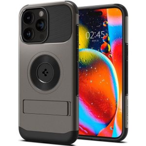 Apple iPhone 15 Pro Max, Szilikon tok, műanyag hátlappal, kitámasztóval, Magsafe töltővel kompatibilis, Spigen Slim Armor Mag, sötétszürke
