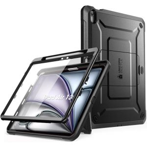 Apple iPad Air 13 (2024 / 2025), Műanyag hátlap védőtok + képernyővédő, közepesen ütésálló, kitámasztóval, SupCase Unicorn Beetle Pro, fekete