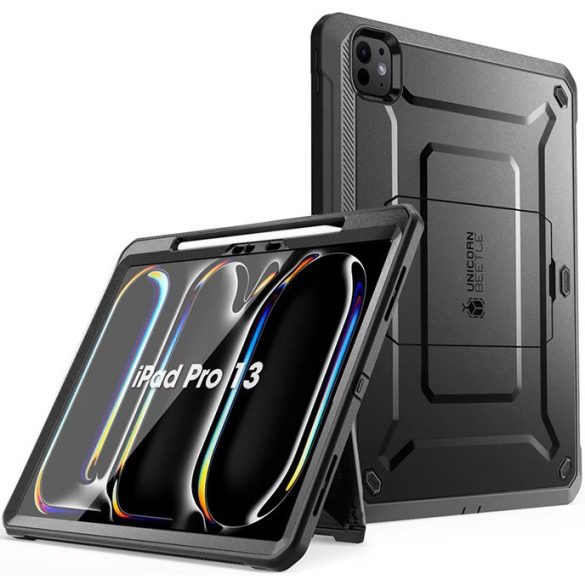 Apple iPad Pro 13 (2024), Műanyag hátlap védőtok + képernyővédő, közepesen ütésálló, kitámasztóval, SupCase Unicorn Beetle Pro, fekete