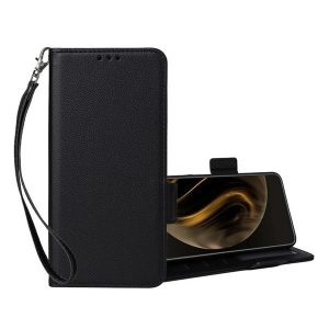 OnePlus Nord CE 4 Lite, Oldalra nyíló tok, stand, kártyatartóval, kézpánttal, bőrhatású, prémium, fekete