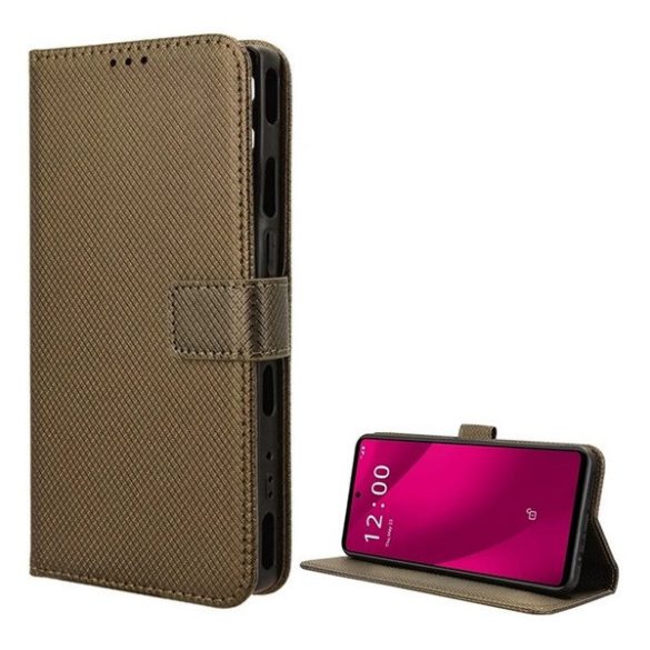 Telekom T Phone 2 5G, Oldalra nyíló tok, stand, rombusz minta, csatos, kézpánttal, barna