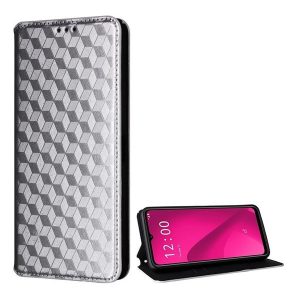 Telekom T Phone 2 Pro 5G, Oldalra nyíló tok, bőrhatású, stand, Teljes 3D rombusz minta, prémium, ezüst