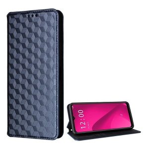 Telekom T Phone 2 Pro 5G, Oldalra nyíló tok, bőrhatású, stand, Teljes 3D rombusz minta, prémium, sötétkék