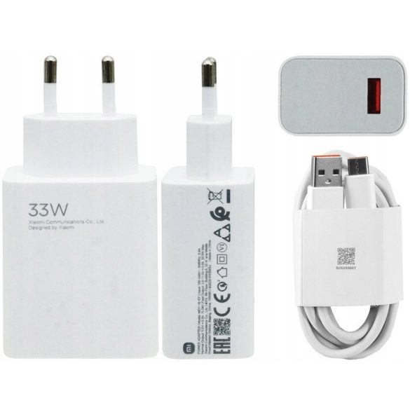 Hálózati töltő adapter, 33W, USB aljzat, USB Type-C kábellel, gyorstöltés, PD, Xiaomi, fehér, gyári