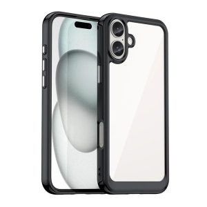 Apple iPhone 16 Plus, Műanyag hátlap védőtok + szilikon keret, közepesen ütésálló, átlátszó hátlap, fekete