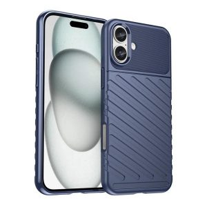 Apple iPhone 16 Plus, Szilikon tok, közepesen ütésálló, domború csíkos minta, sötétkék