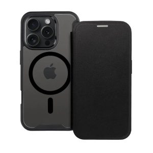 Apple iPhone 16 Pro Max, Oldalra nyíló tok, kártyatartóval, átlátszó hátlap, Magsafe kompatibilis, Smart Mag, fekete