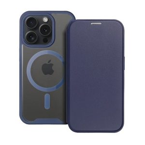 Apple iPhone 16 Pro Max, Oldalra nyíló tok, kártyatartóval, átlátszó hátlap, Magsafe kompatibilis, Smart Mag, sötétkék