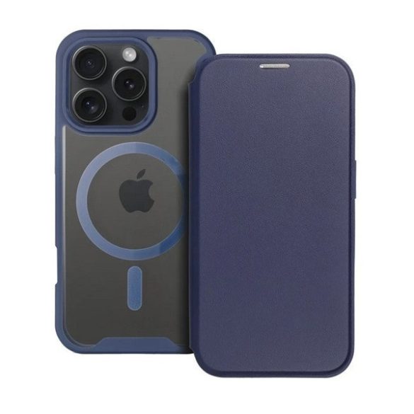 Apple iPhone 16, Oldalra nyíló tok, kártyatartóval, átlátszó hátlap, Magsafe kompatibilis, Smart Mag, sötétkék