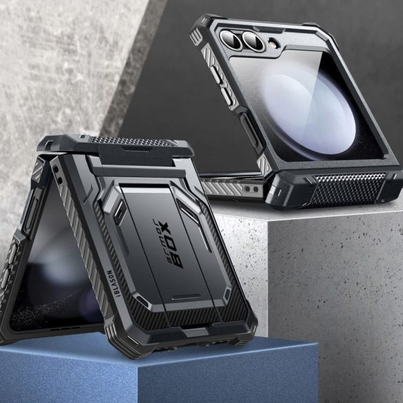 Samsung Galaxy Z Flip6 SM-F741B, Műanyag hátlap védőtok + képernyővédő, közepesen ütésálló, légpárnás sarok, kitámasztóval, övre csíptethető, SupCase IBLSN ArmorBox, fekete
