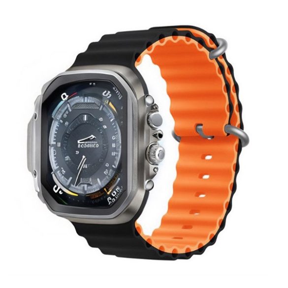 Apple Watch 4-6, SE, SE (2022) (42 / 44 mm) / Watch 7-9 (45 mm) / Watch 10 (46 mm) / Watch Ultra 1-2 (49 mm), szilikon pótszíj, állítható, hullámos kialakítás, kétszínű, Devia Sport6, fekete/narancssárga