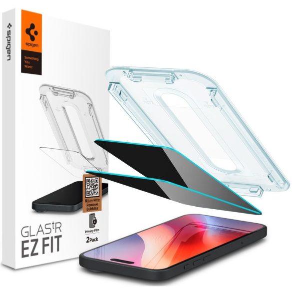 Apple iPhone 16 Pro Max, Kijelzővédő fólia, ütésálló fólia (az íves részre is!), Tempered Glass (edzett üveg), Spigen Ez Fit Privacy, Clear, 2 db / csomag