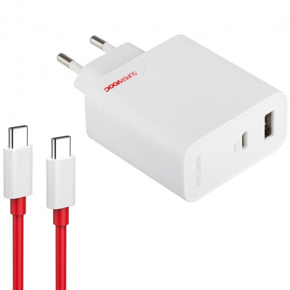 Hálózati töltő adapter, 80W, USB aljzat, USB Type-C aljzat, USB Type-C - USB Type-C kábellel, gyorstöltés, PD, QC, PPS, GaN, OnePlus SuperVooc, fehér, gyári