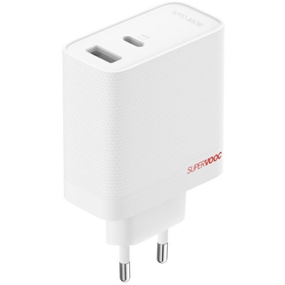 Hálózati töltő adapter, 80W, USB aljzat, USB Type-C aljzat, USB Type-C - USB Type-C kábellel, gyorstöltés, PD, QC, PPS, GaN, OnePlus SuperVooc, fehér, gyári
