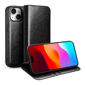Apple iPhone 15 Plus, Oldalra nyíló tok, valódi bőrtok, Qialino, fekete