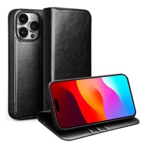 Apple iPhone 15 Pro, Oldalra nyíló tok, valódi bőrtok, Qialino, fekete