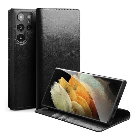 Samsung Galaxy S23 Ultra SM-S918, Oldalra nyíló tok, valódi bőrtok, Qialino, fekete
