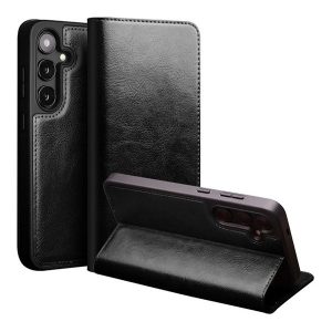 Samsung Galaxy S24 SM-S921, Oldalra nyíló tok, valódi bőrtok, Qialino, fekete