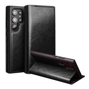 Samsung Galaxy S24 Ultra SM-S928, Oldalra nyíló tok, valódi bőrtok, Qialino, fekete